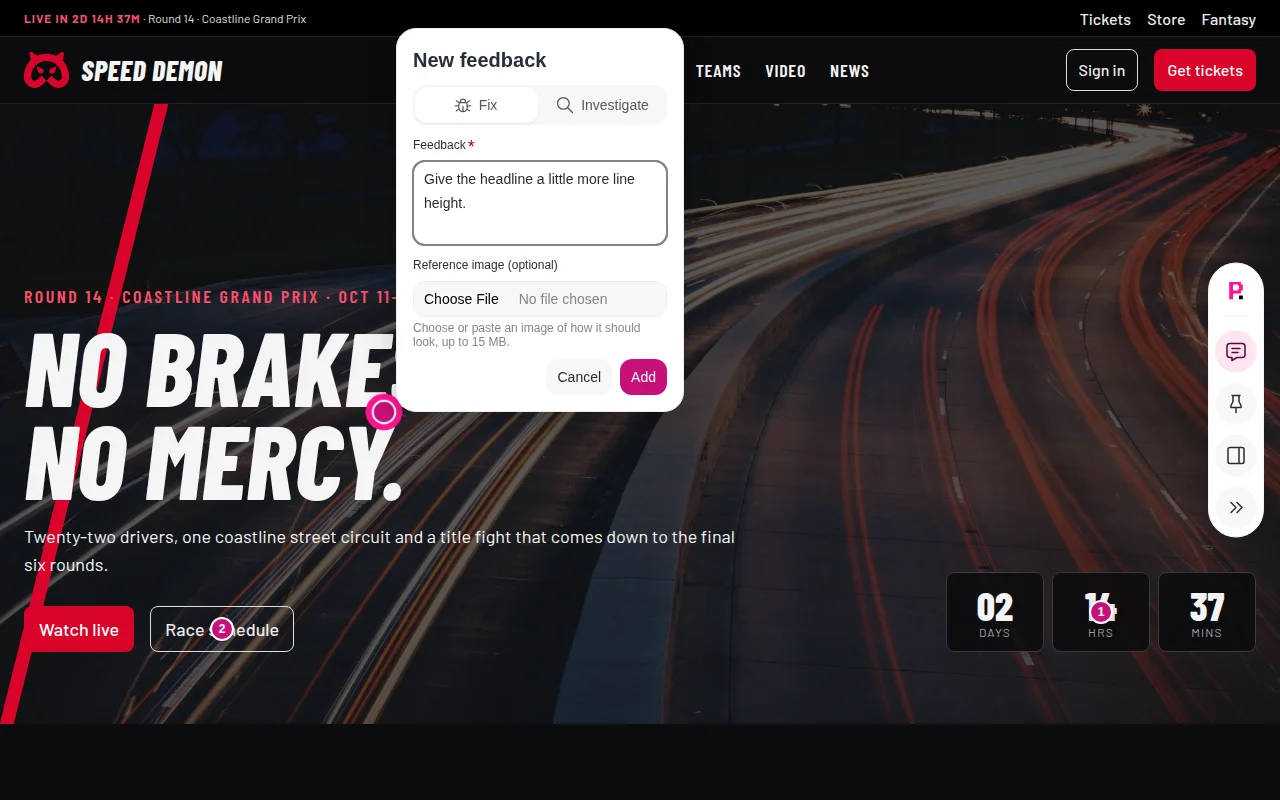 A new feedback popover pinned to a page headline, with a Fix or Investigate choice, the comment "Give the headline a little more line height" and an optional reference image field.