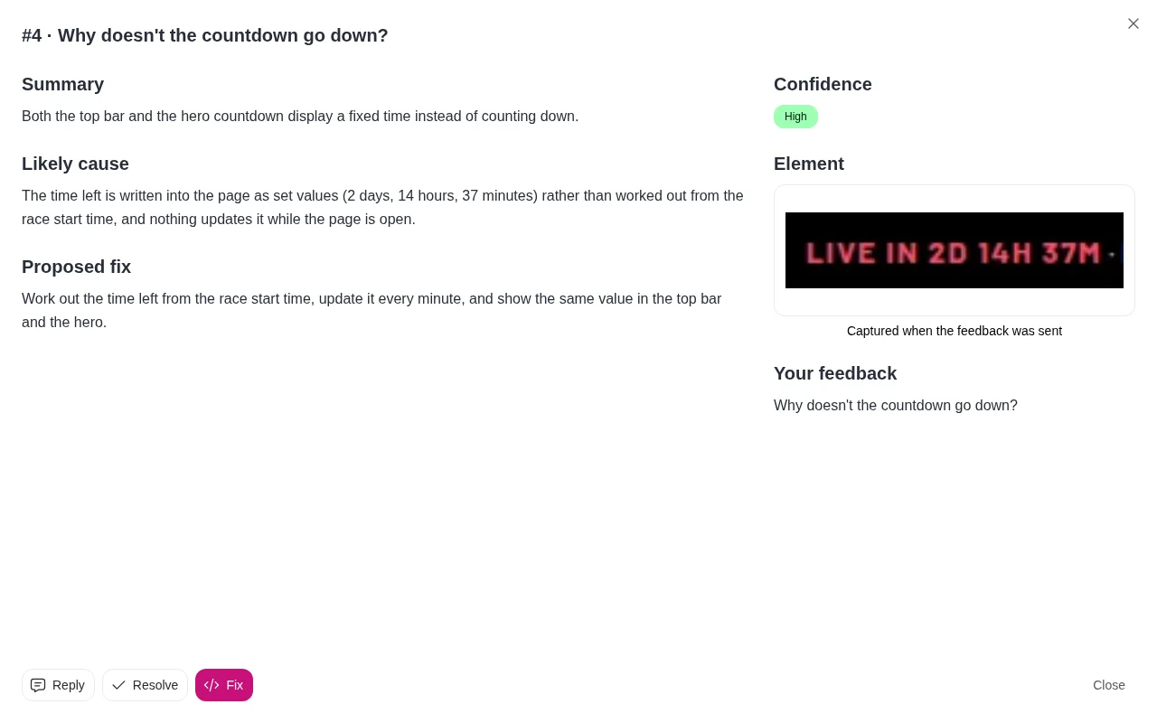 The outcome of an investigation into "Why doesn't the countdown go down?": a summary, the likely cause, a proposed fix, high confidence and an image of the countdown, with Reply, Resolve and Fix buttons.